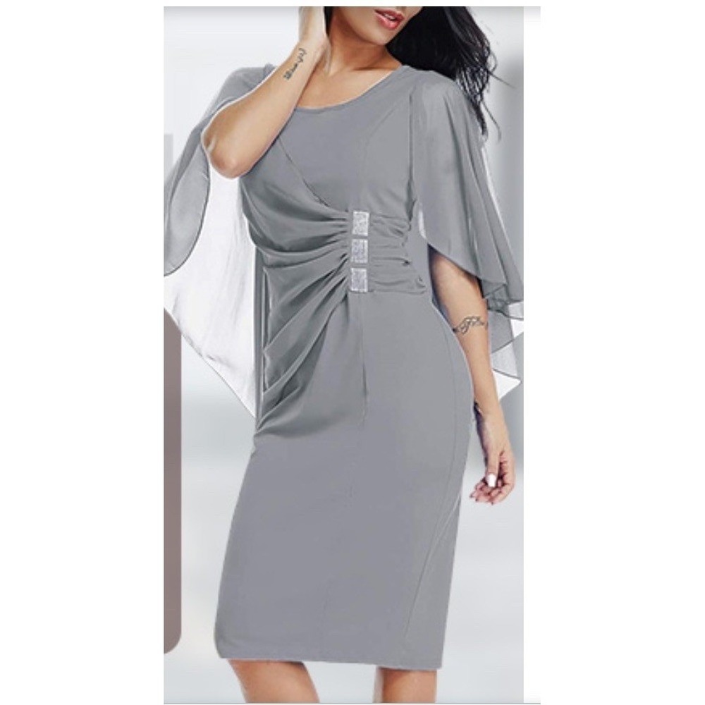 Lalagen Chiffon Cape Sleeve Dress Womens L Gray New Ruched A-Line C414